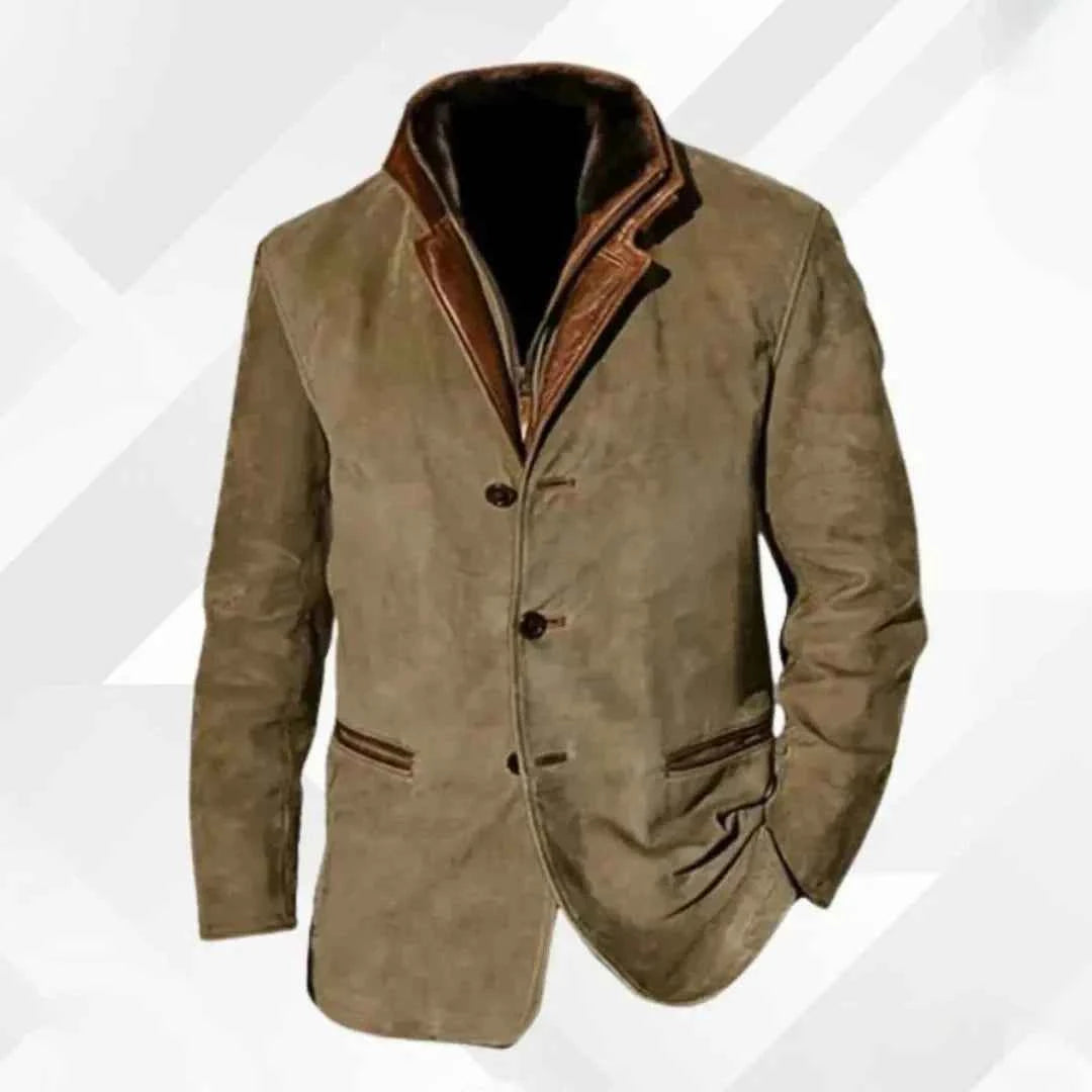 Men's Suede Blazer Jacket with Leather-Trimmed Collar Khaki