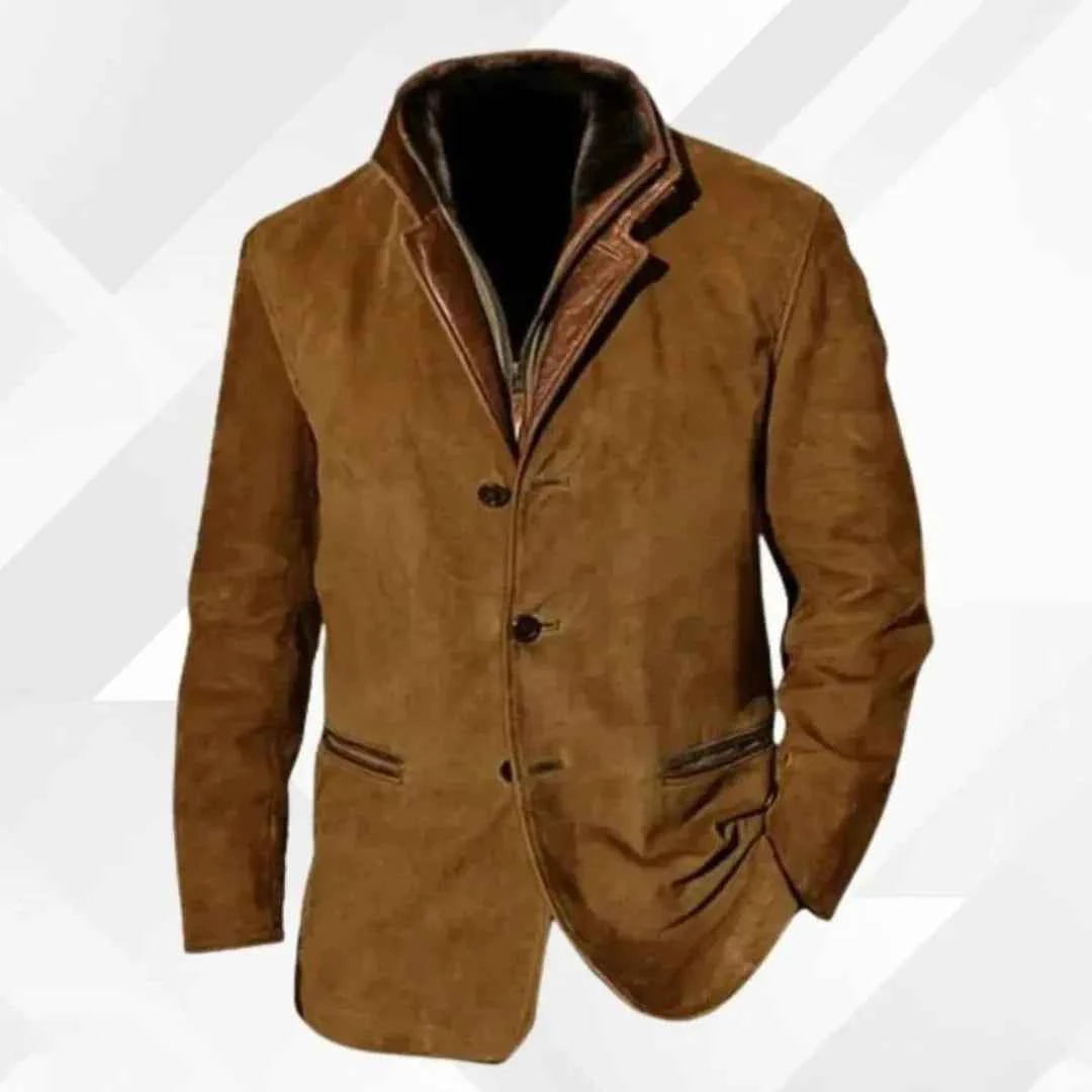 Men's Suede Blazer Jacket with Leather-Trimmed Collar Brown