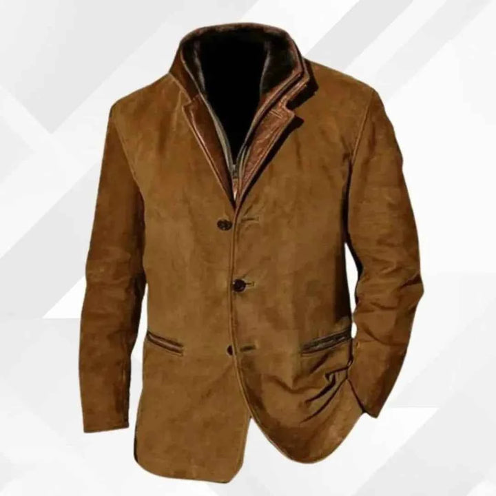 Men's Suede Blazer Jacket with Leather-Trimmed Collar Brown