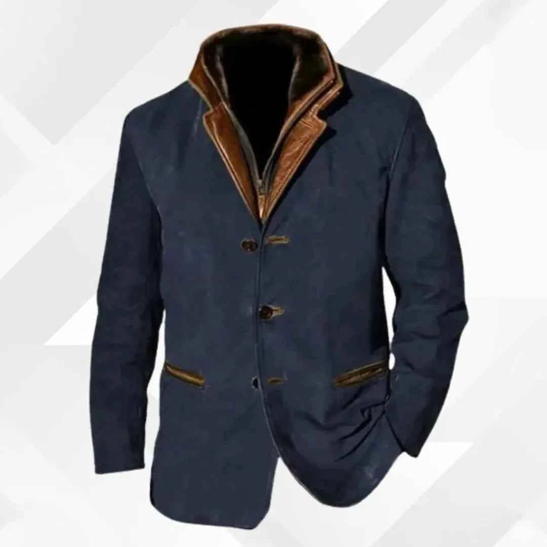Men's Suede Blazer Jacket with Leather-Trimmed Collar Blue