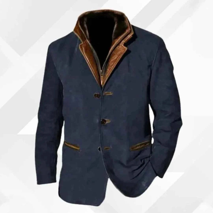 Men's Suede Blazer Jacket with Leather-Trimmed Collar Blue
