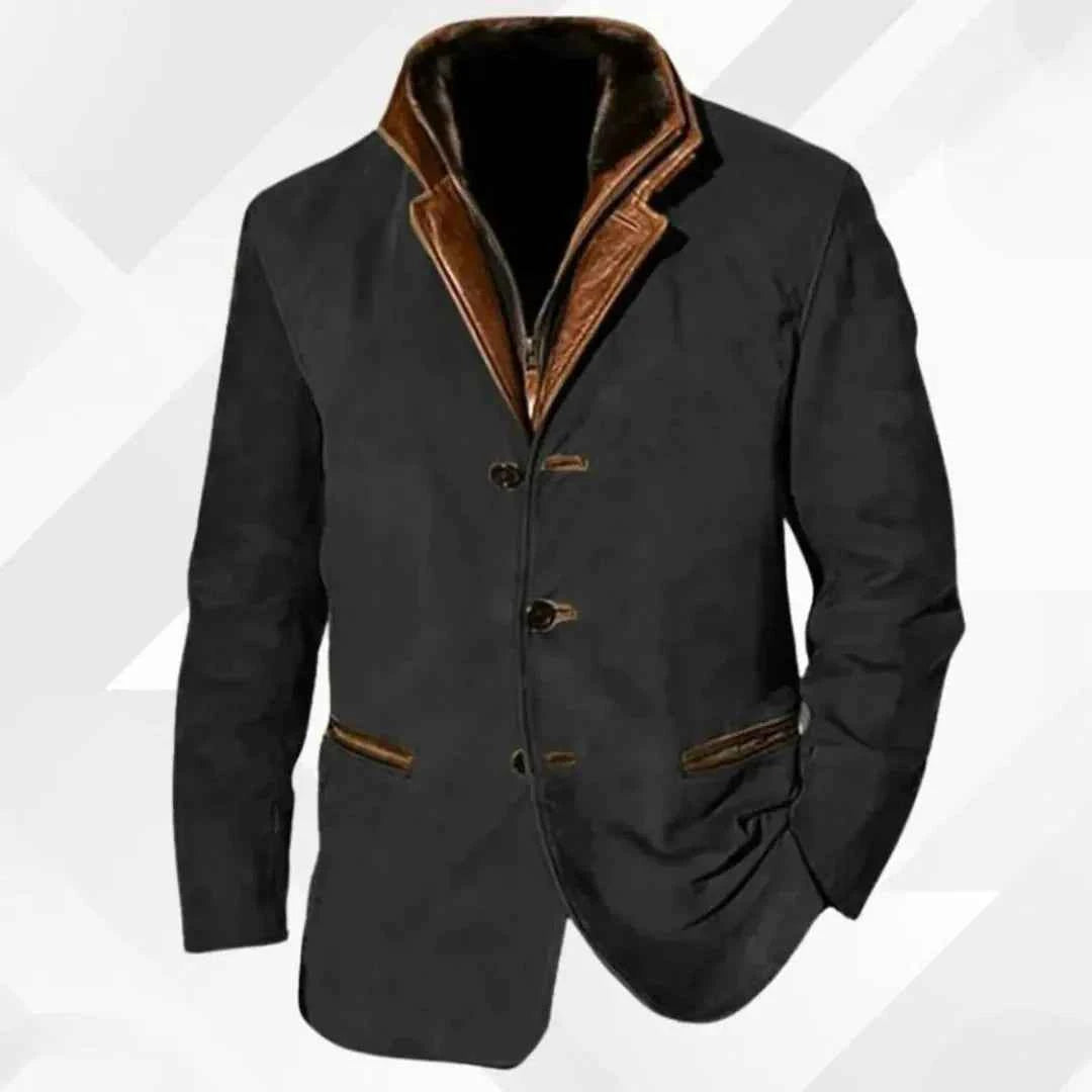 Men's Suede Blazer Jacket with Leather-Trimmed Collar Black