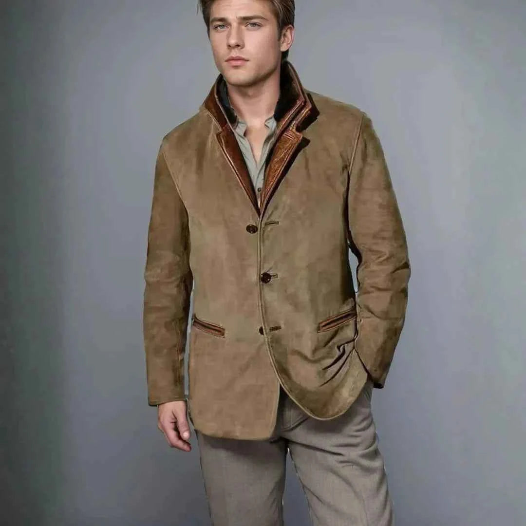 Men's Suede Blazer Jacket with Leather-Trimmed Collar