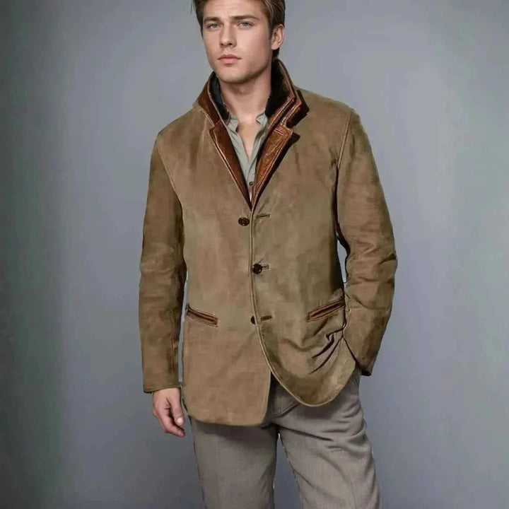 Men's Suede Blazer Jacket with Leather-Trimmed Collar