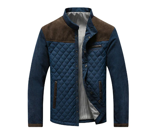 Men's Suede Detail Padded Jacket – Regular Fit – Stand-Up Collar – Snap Closure Blue