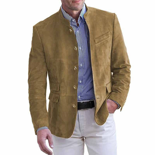 Men's Suede Stand Collar Pockets Solid Sea Blue Winter Jacket Khaki