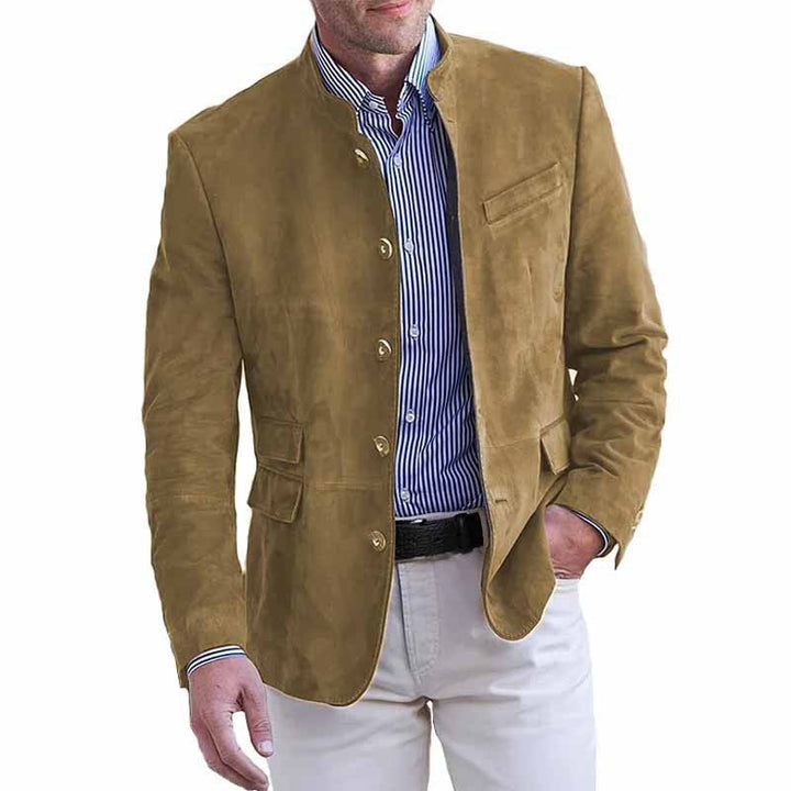 Men's Suede Jacket - Stand Collar - Regular Fit - Button Closure - Hip Length Khaki