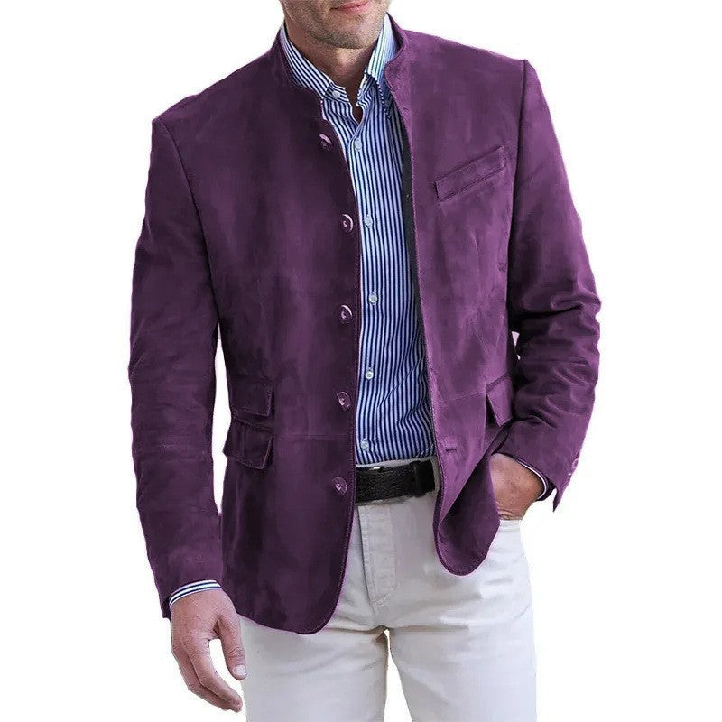 Men's Suede Jacket - Stand Collar - Regular Fit - Button Closure - Hip Length Purple