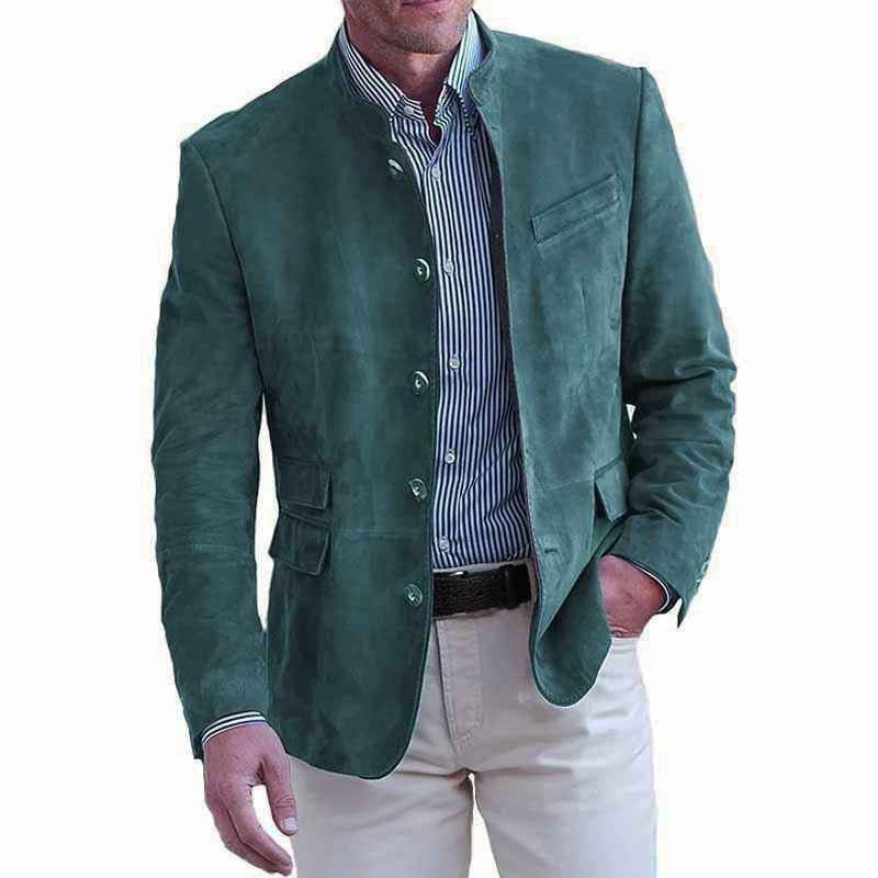 Men's Suede Jacket - Stand Collar - Regular Fit - Button Closure - Hip Length Sea Blue