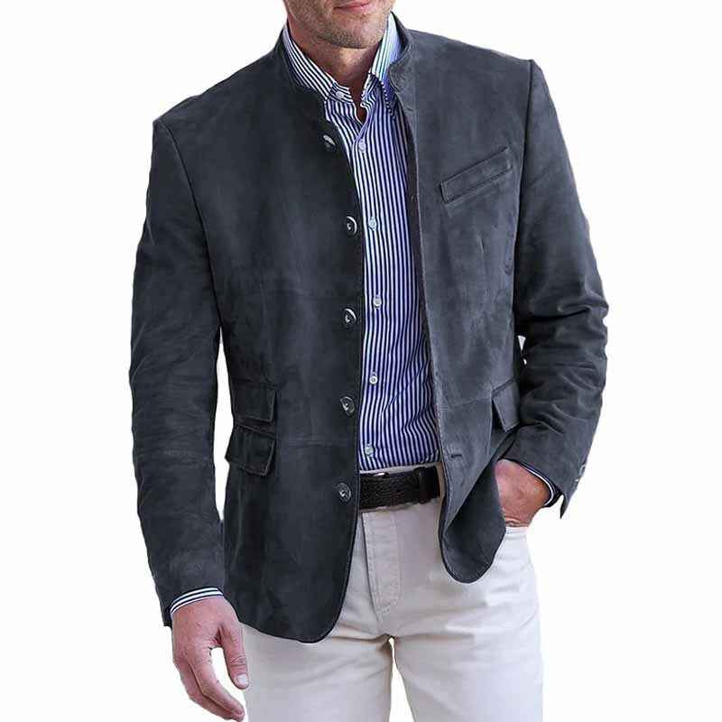 Men's Suede Jacket - Stand Collar - Regular Fit - Button Closure - Hip Length Dark Grey