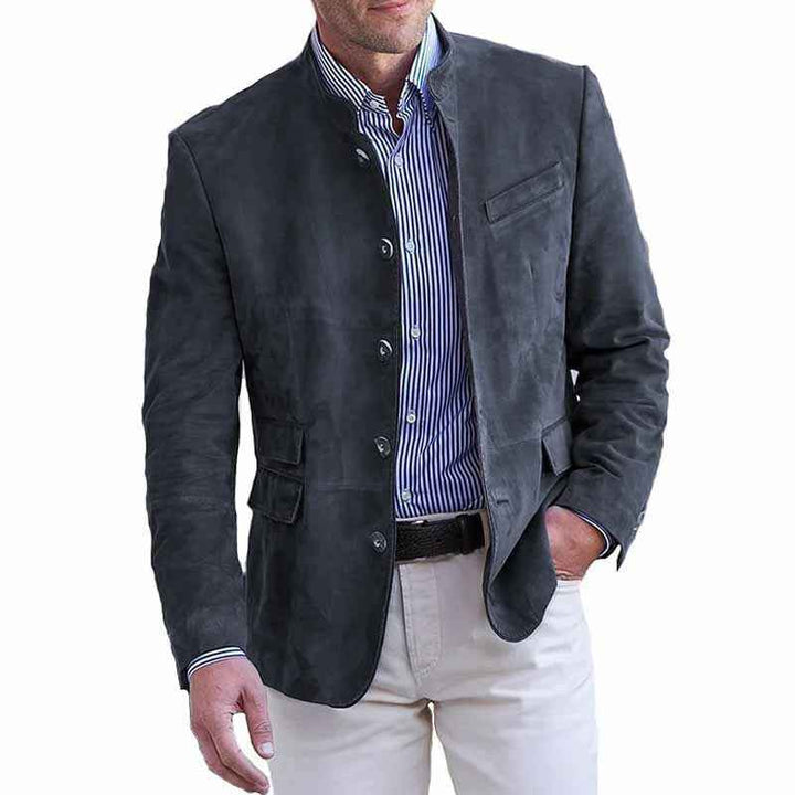 Men's Suede Jacket - Stand Collar - Regular Fit - Button Closure - Hip Length Dark Grey