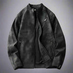 Men's Suede Polyester Stand Collar Pockets Solid Brown Winter Jacket Black