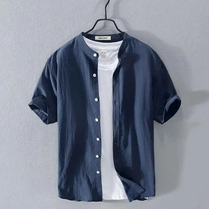 Men's Summer Band Collar Shirt Navy Blue