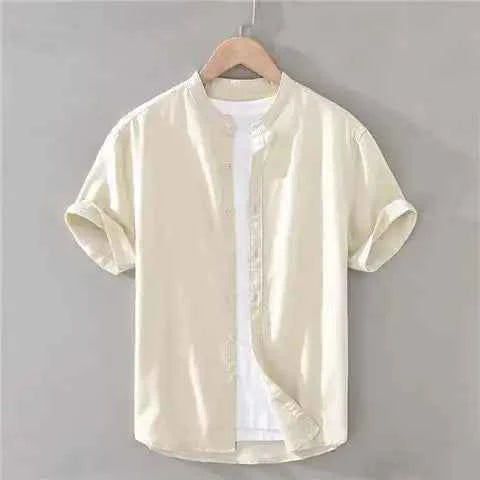 Men's Summer Band Collar Shirt Khaki