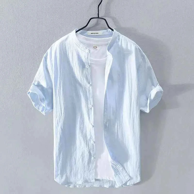 Men's Summer Band Collar Shirt Light Blue