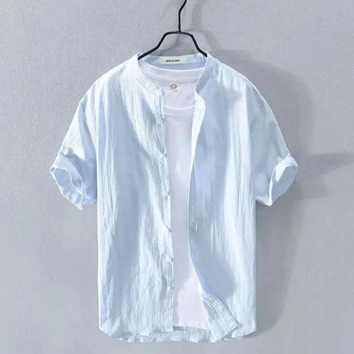 Men's Summer Band Collar Shirt Light Blue