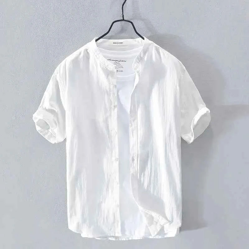 Men's Summer Band Collar Shirt White