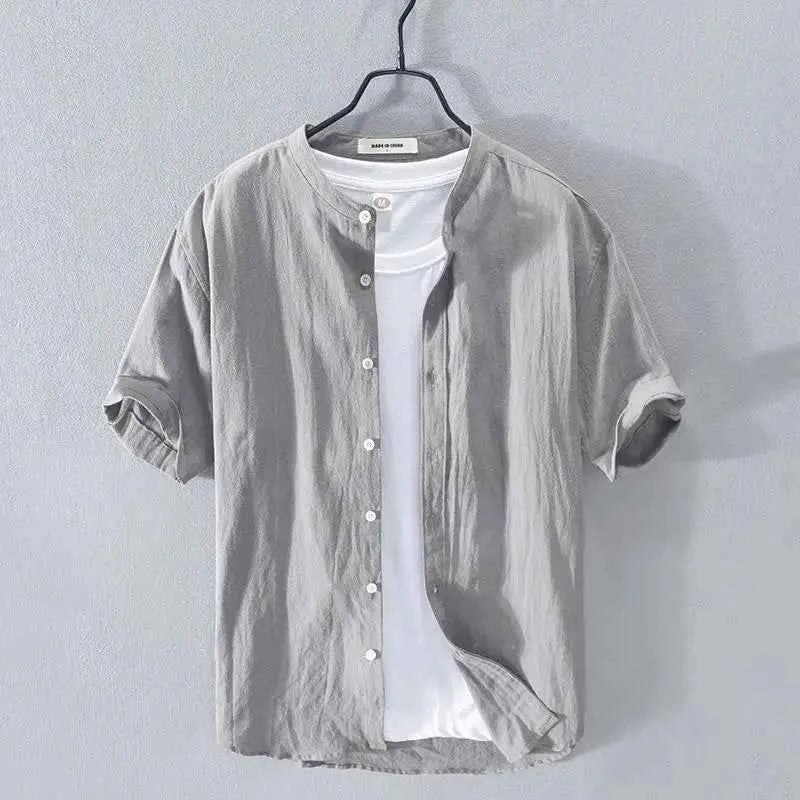 Men's Summer Band Collar Shirt Gray