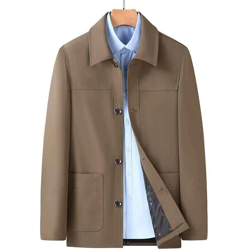 Men's Polyester Coat Slim Fit Pockets Khaki Winter Button Closure