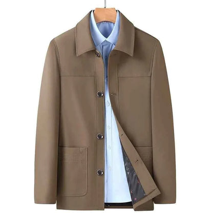 Men's Polyester Coat Slim Fit Pockets Khaki Winter Button Closure