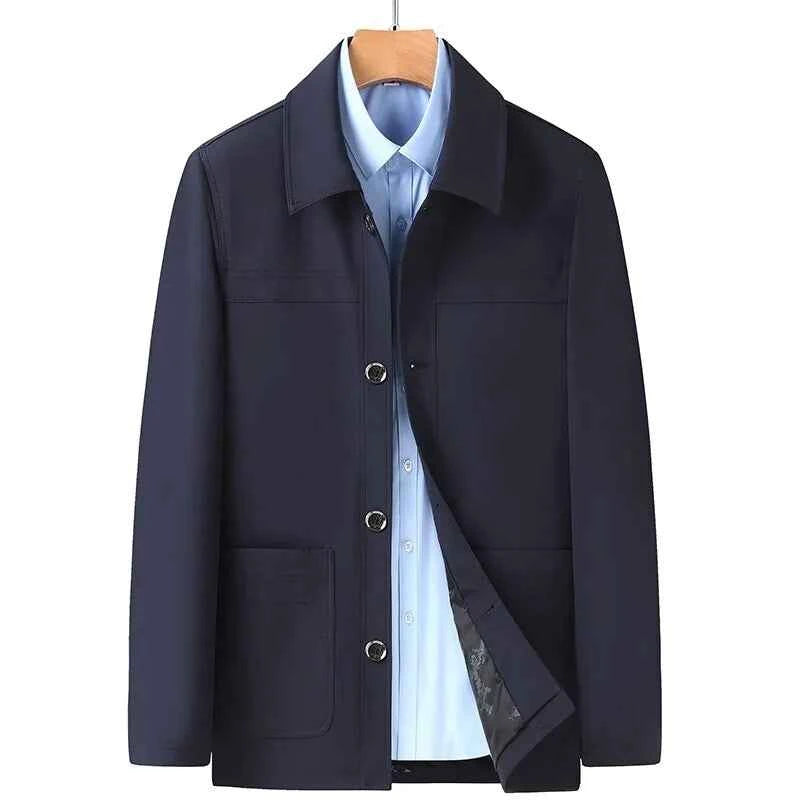 Men's Polyester Coat Slim Fit Pockets Khaki Winter Button Closure