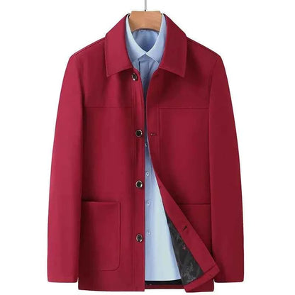 Men's Polyester Coat Slim Fit Pockets Khaki Winter Button Closure Red