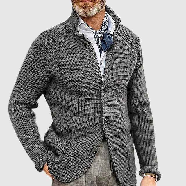 Men's Tailored Cardigan with Button Front and Patch Pockets Gray