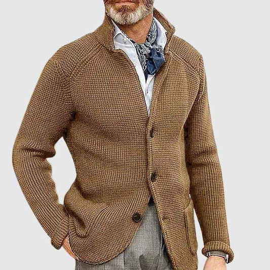 Men's Tailored Cardigan with Button Front and Patch Pockets Khaki