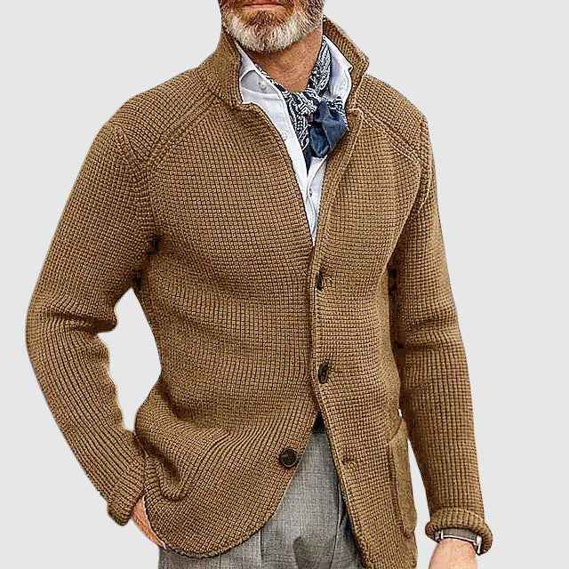 Men's Tailored Cardigan with Button Front and Patch Pockets Khaki