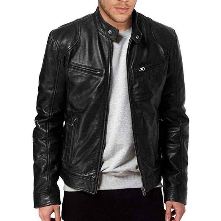 Men's Tailored Fit Leather Biker Jacket with Snap Collar and Zip Pockets Black