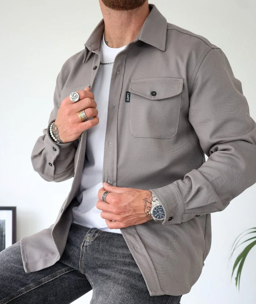 Men's Tailored Fit Overshirt with Button Closure and Flap Chest Pockets – Long Sleeves Grey