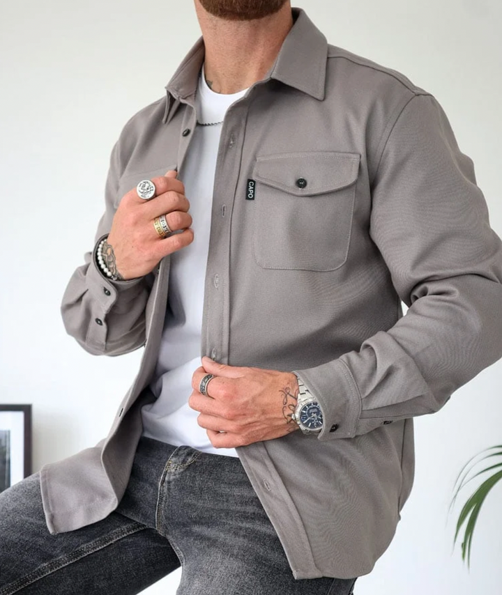 Men's Tailored Fit Overshirt with Button Closure and Flap Chest Pockets – Long Sleeves Grey