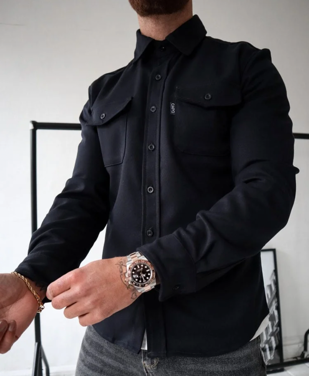 Men's Tailored Fit Overshirt with Button Closure and Flap Chest Pockets – Long Sleeves Black