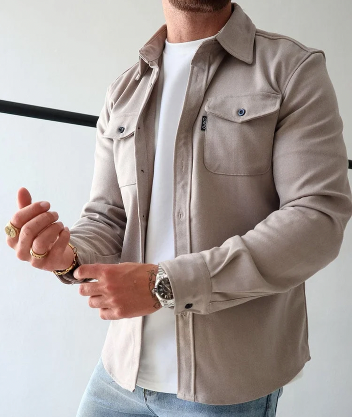 Men's Tailored Fit Overshirt with Button Closure and Flap Chest Pockets – Long Sleeves Beige