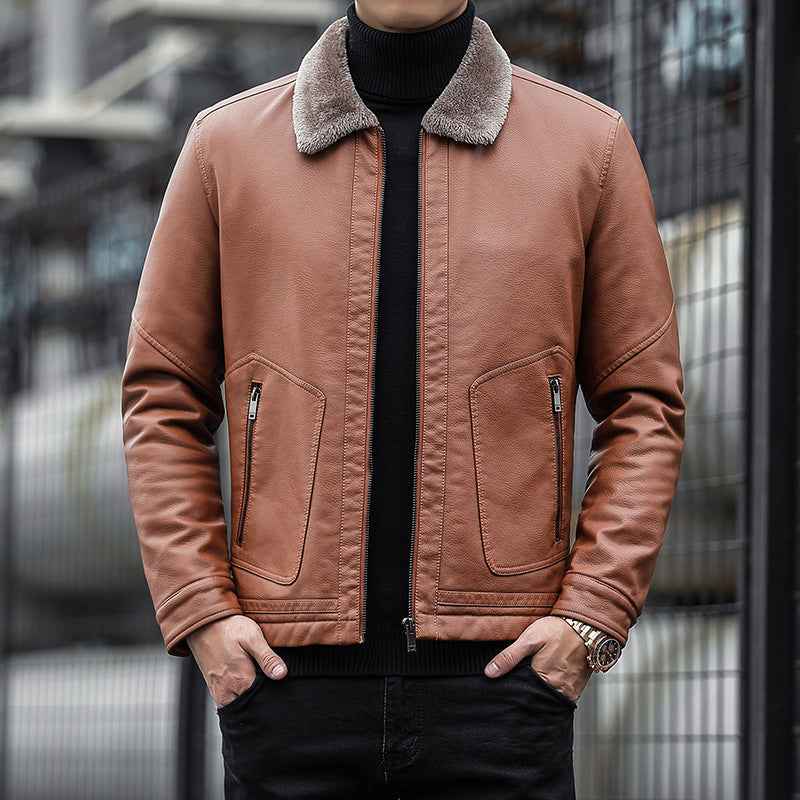 Men's Tailored Leather Jacket with Velvet Collar and Zip Pockets - Textured Design Yellow