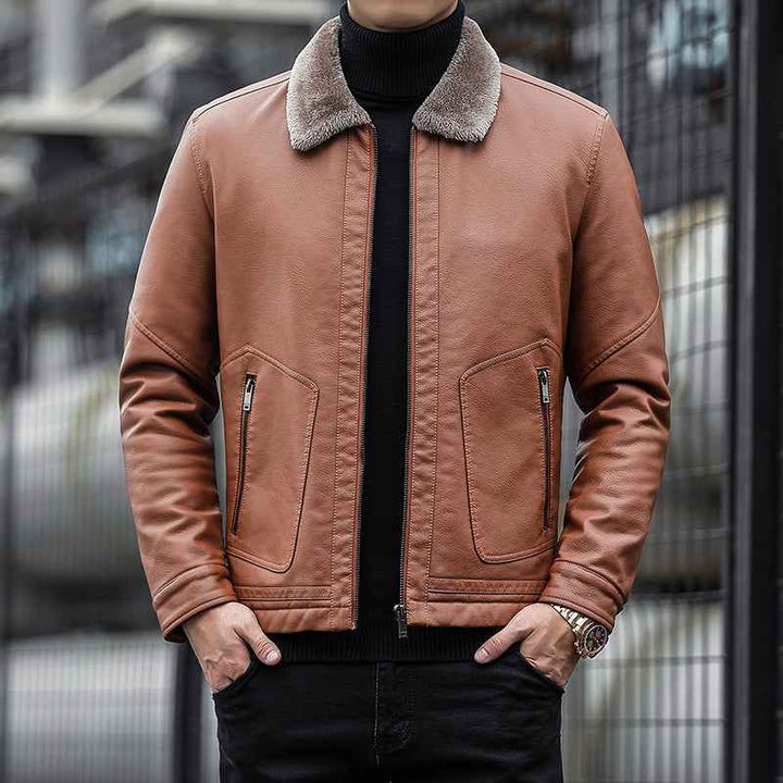 Men's Tailored Leather Jacket with Velvet Collar and Zip Pockets - Textured Design Yellow
