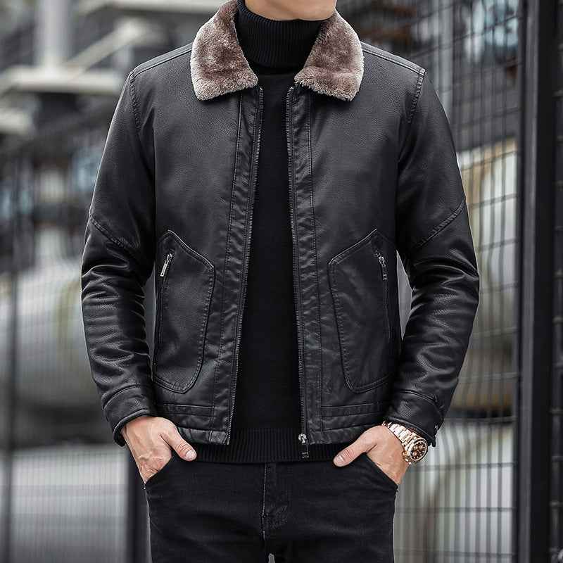 Men's Tailored Leather Jacket with Velvet Collar and Zip Pockets - Textured Design Black