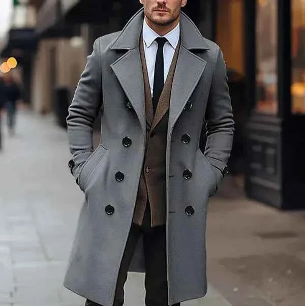 Men's Tailored Wool Blend Overcoat – Knee-Length Double-Breasted Formal Style Grey