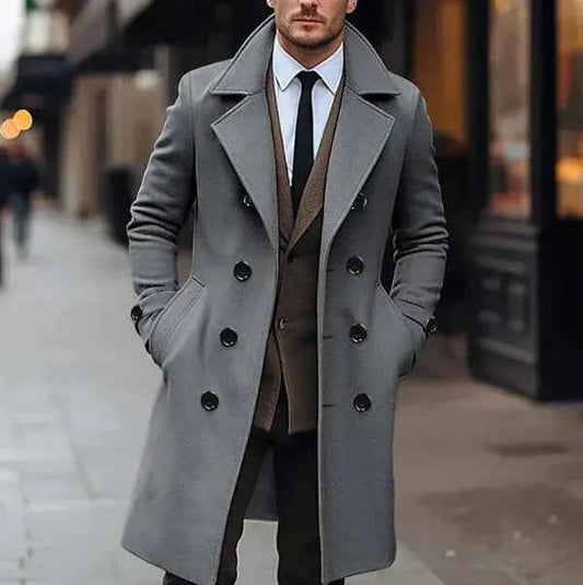Men's Wool Knee Length Double Breasted Solid Black Winter Coat Grey