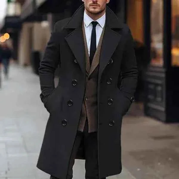 Men's Tailored Wool Blend Overcoat – Knee-Length Double-Breasted Formal Style Black