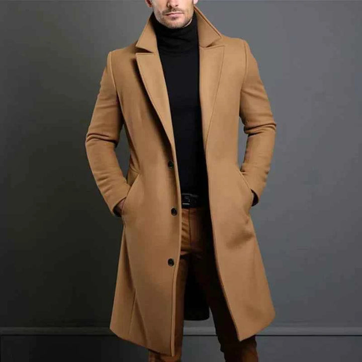 Men's Tailored Wool Coat – Full Length Classic Lapel – Elegant Style Brown