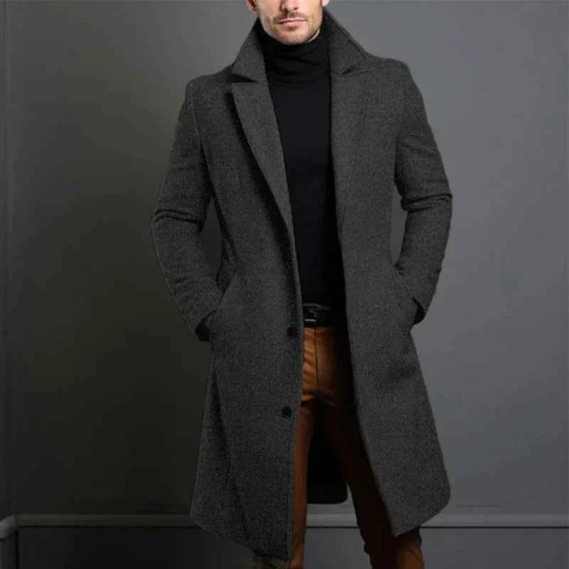 Men's Tailored Wool Coat – Full Length Classic Lapel – Elegant Style Grey