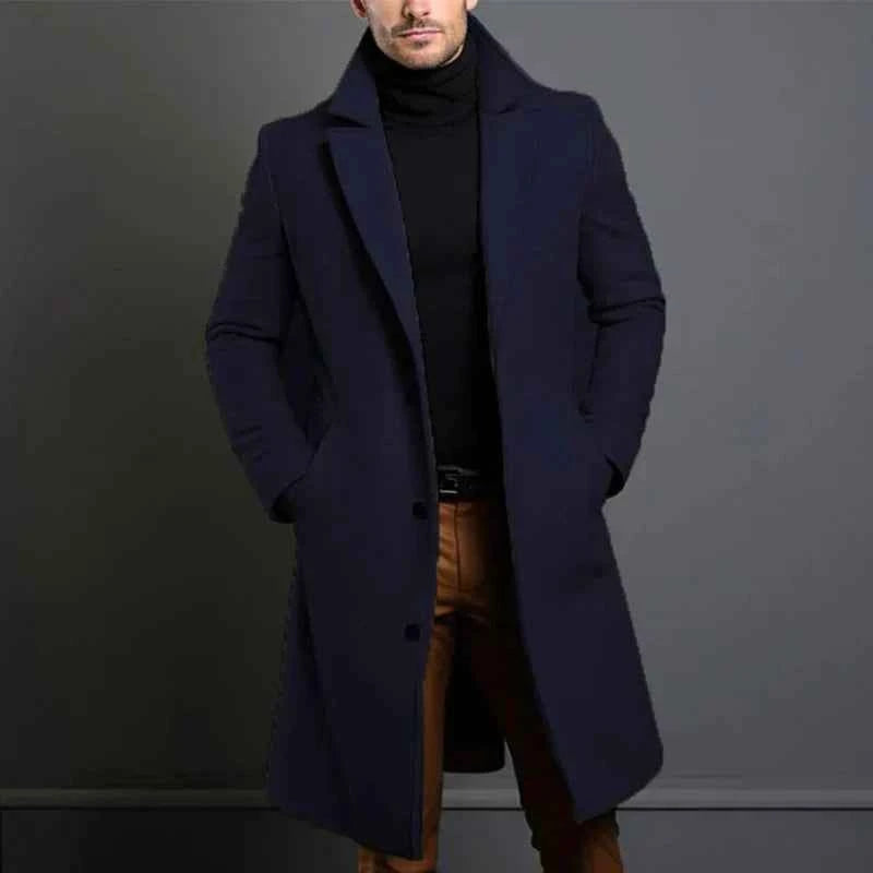 Men's Tailored Wool Coat – Full Length Classic Lapel – Elegant Style Blue