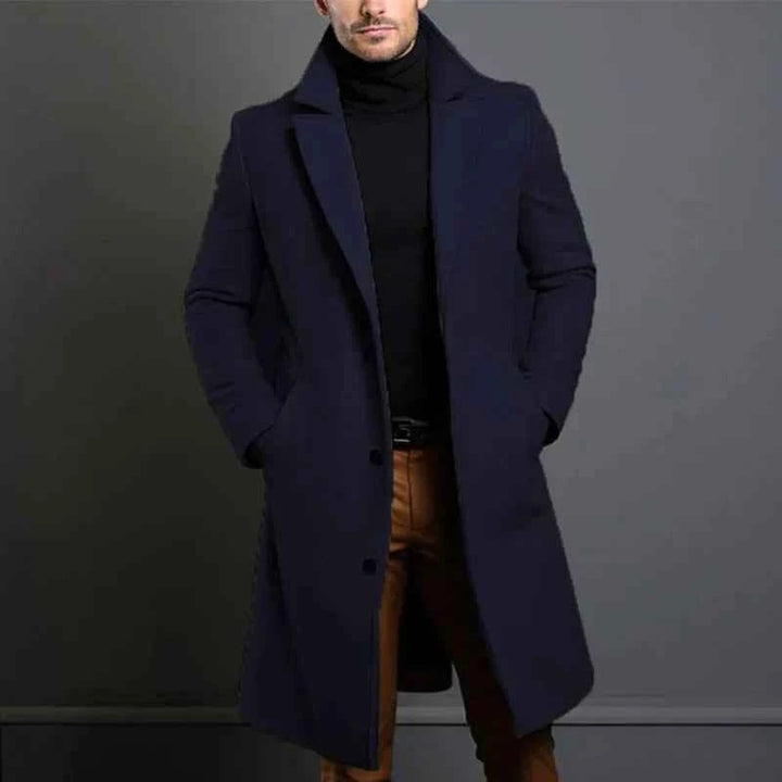 Men's Tailored Wool Coat – Full Length Classic Lapel – Elegant Style Blue