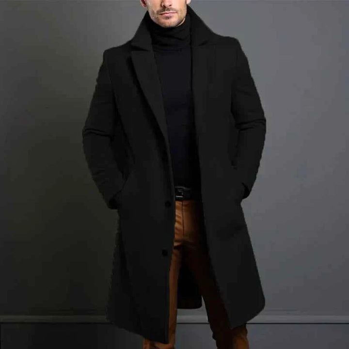 Men's Tailored Wool Coat – Full Length Classic Lapel – Elegant Style Black