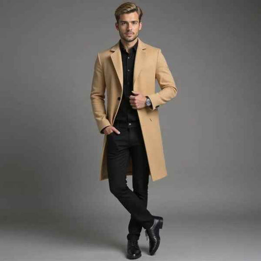 Men's Tailored Woolmix Long Coat – Single-Breasted Formal Style Brown