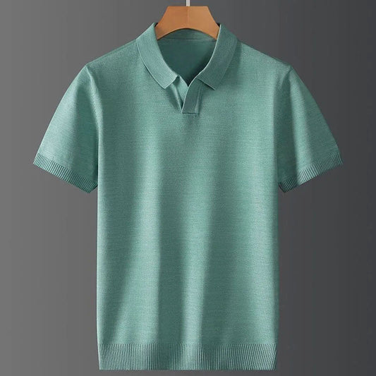 Men's Black Textured Knit Cotton Blend Regular Fit Polo Shirt Green