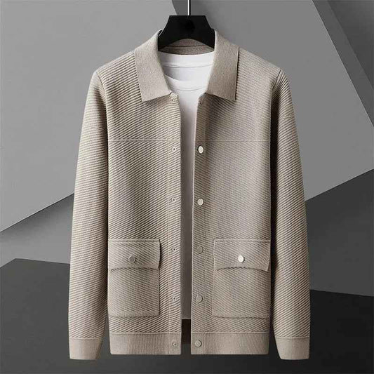 Men's Black Textured Knit Snap Button Flap Pocket Winter Jacket Khaki