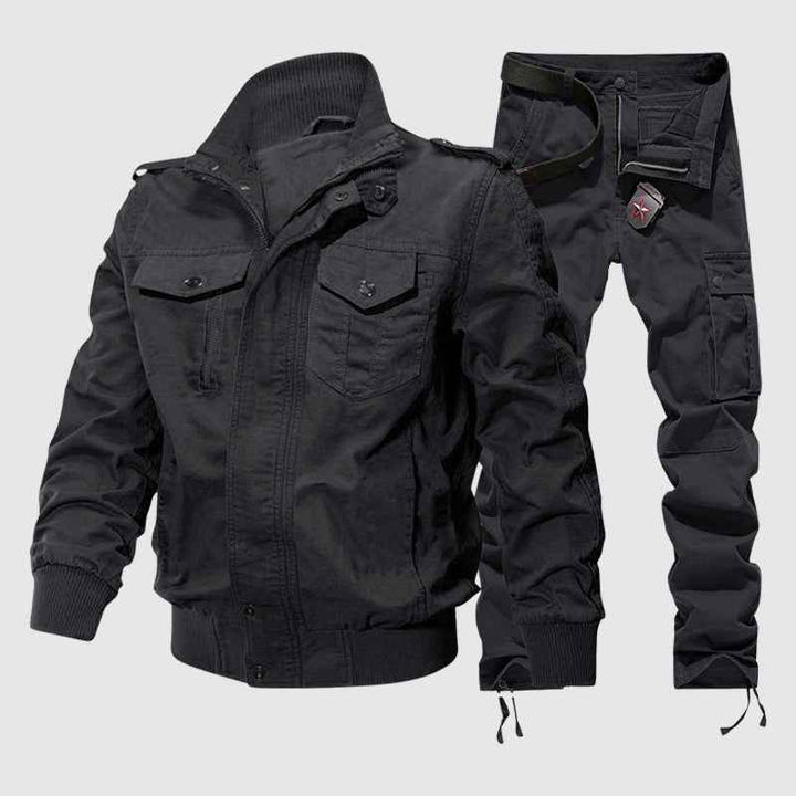 Men's Utility Jacket and Cargo Pants Set | Ribbed Cuffs and Button Pockets Black Set