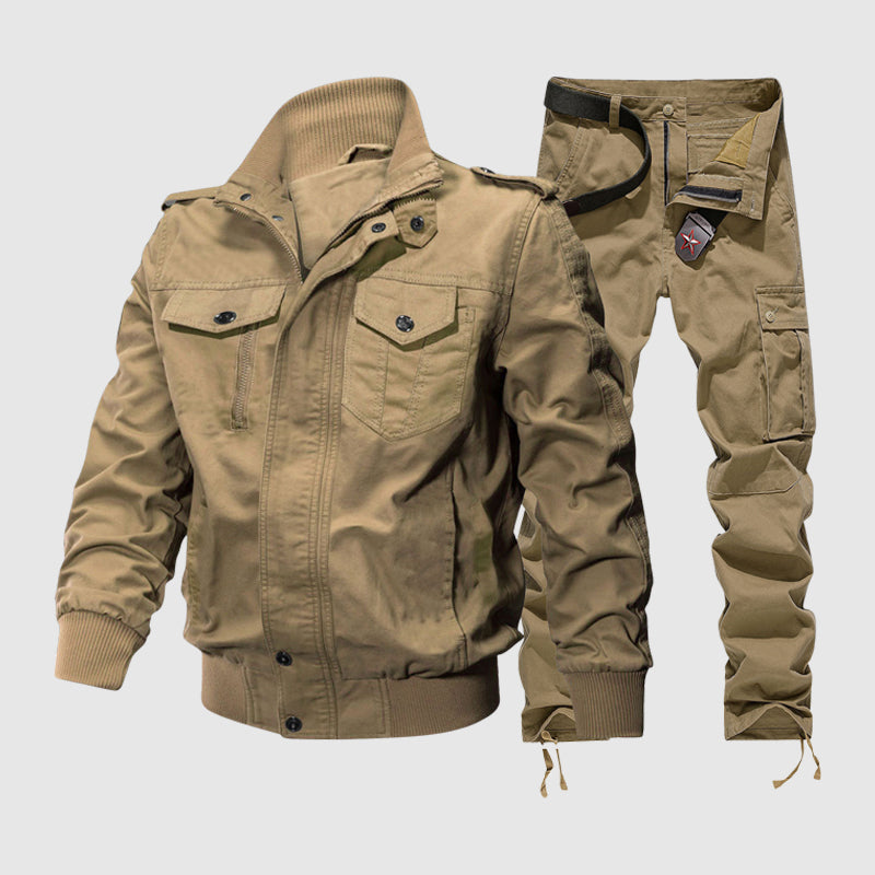 Men's Utility Jacket and Cargo Pants Set | Ribbed Cuffs and Button Pockets Khaki Set